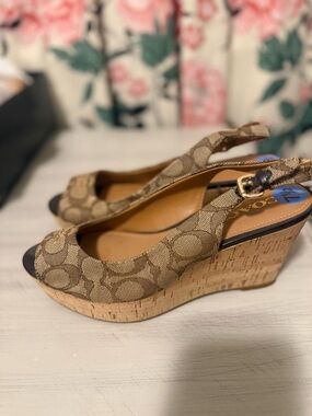 Coach Brown Signature Canvas Cork Wedge Slingbacks